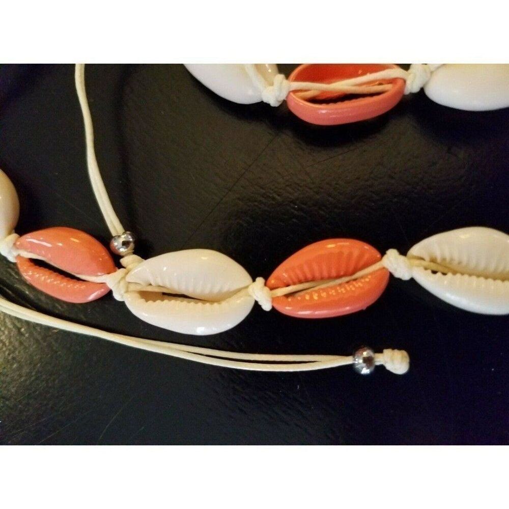Necklace & Bracelet Set Scione Shells Slide Twine Creamy White & Coral Pink - Picture 5 of 7